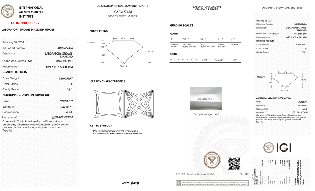 1,96 CT e Color vs1 Princess Cut Cut Lab -Down Diamond - IGI сертифікований