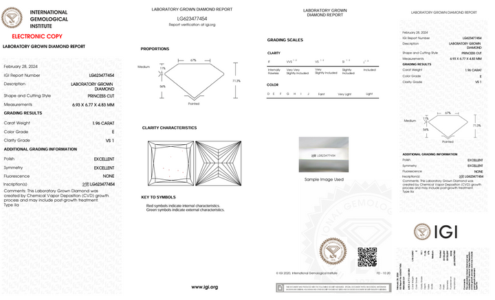 1,96 CT e Color vs1 Princess Cut Cut Lab -Down Diamond - IGI сертифікований