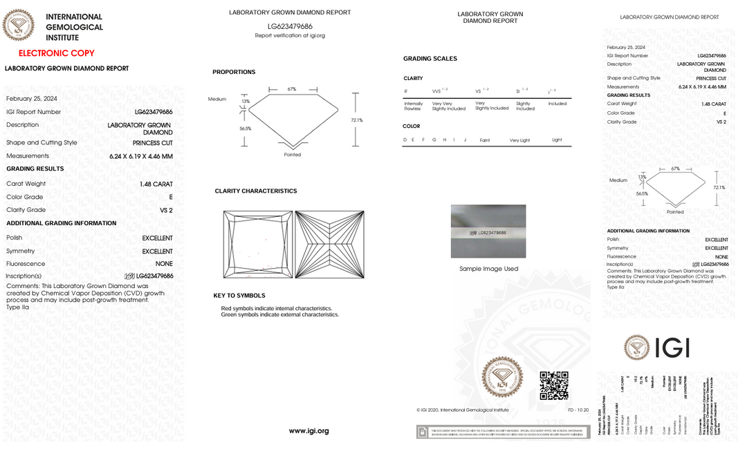 1,48 CT E Color VS2 Princess Cut Cut Lab -Crown Diamond - IGI сертифікований