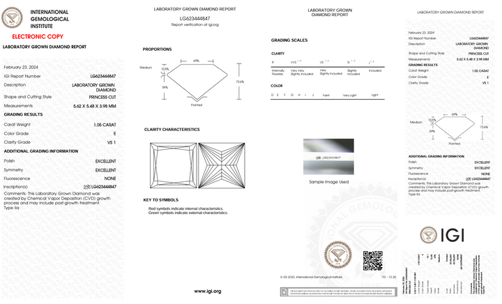 1,05 CT E Колір VS1 Princess Cut Cut Lab Dialond - IGI сертифікований