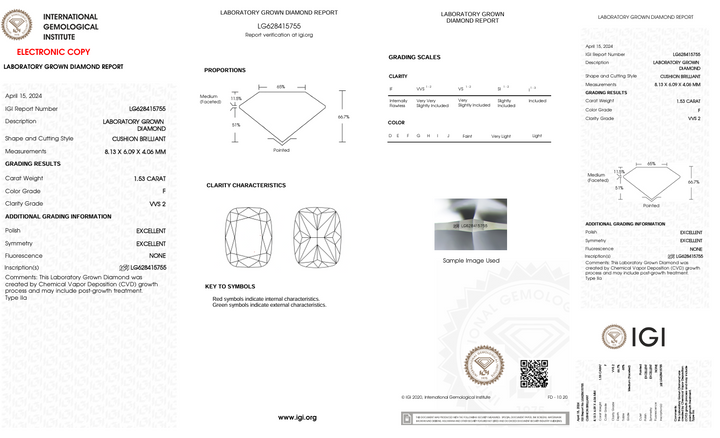 1.53 CT F RENK VVS2 Uzun Yastık Kesme Laboratuar Grubu Elmas - IGI Sertifikalı