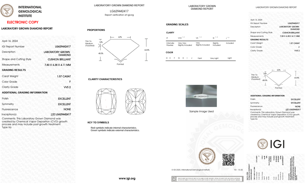 1,57 Ct F Color VVS2 Long Cushion Cut Lab, выращенный алмаз - Igi сертифицирован