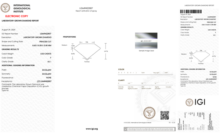 4.0 CT F Renk VS1 Prenses Kesme Laboratuar Grubu Elmas - IGI Sertifikalı