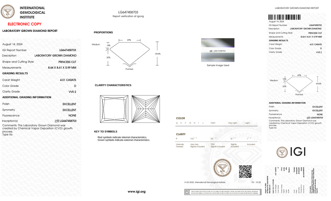 4.01 CT D Колір VVS2 Принцеса вирізаний лабораторією Diamond - IGI сертифікований