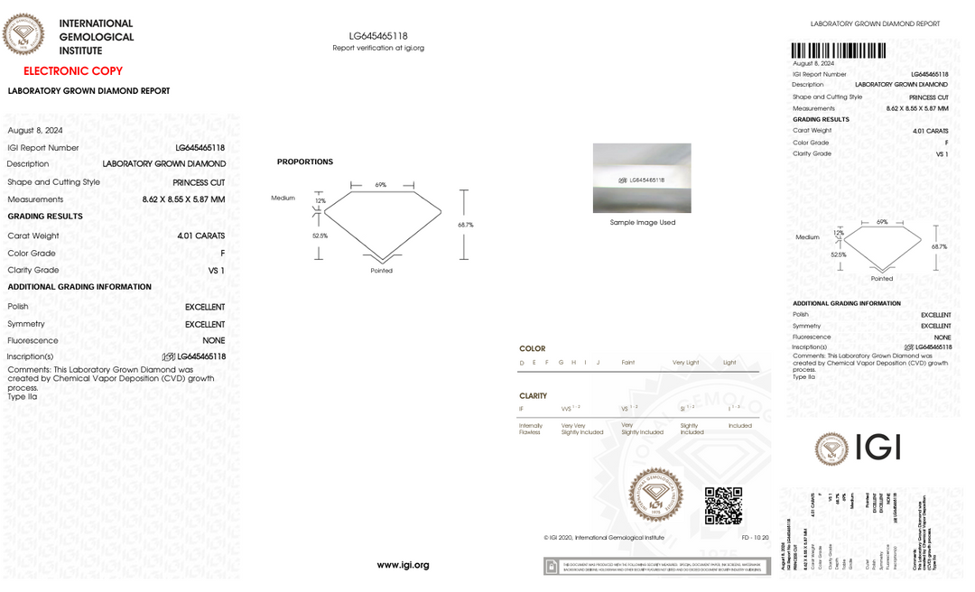 4.01 CT F kleur VS1 prinses gesneden lab gekweekte diamant - IGI -gecertificeerd