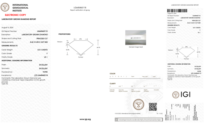 4.01 CT F kleur VS1 prinses gesneden lab gekweekte diamant - IGI -gecertificeerd