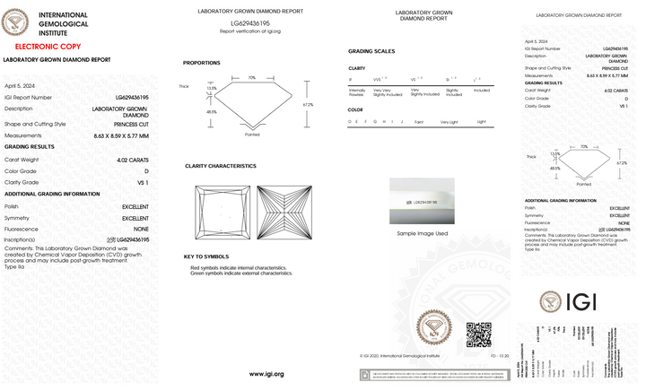 4.02 CT D Renk VS1 Prenses Kesme Laboratuar Grubu Elmas - IGI Sertifikalı