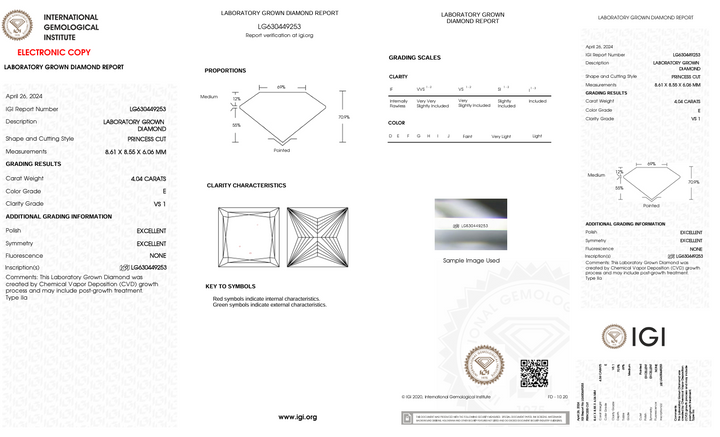 4.04 CT E Колір VS1 Princess Cut Cut Lab -Laber Diamond - IGI сертифікований