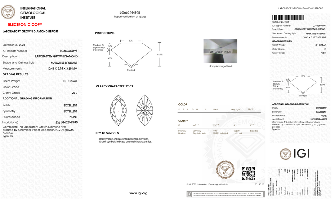 1.01 CT E Warna VS2 MARQUISE CUT LAB DIAMOND - CERTIFIKASI IGI