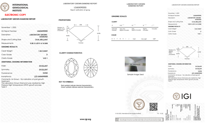 1.54 CT D RENK VVS1 Oval Kesim Laboratuar Yetiştirilen Pırlanta - IGI Sertifikalı