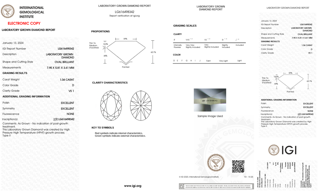 1.04 CT D Farge VS1 Oval kuttet lab -dyrket diamant - IGI -sertifisert