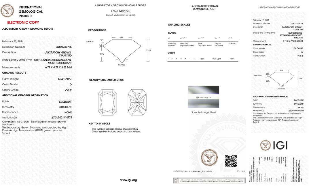 1,04 CT D Color VVS2 Radiant Cut Lab -вирощений Diamond - IGI сертифікований