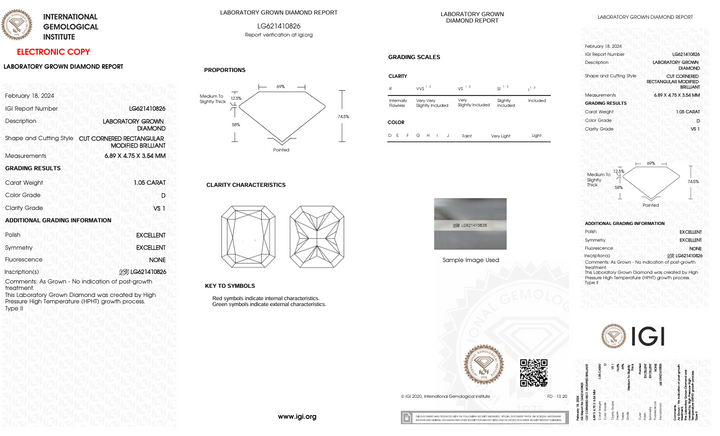 1,05 CT D Color VS1 Radiant Cut Lab -вирощений Diamond - IGI сертифікований