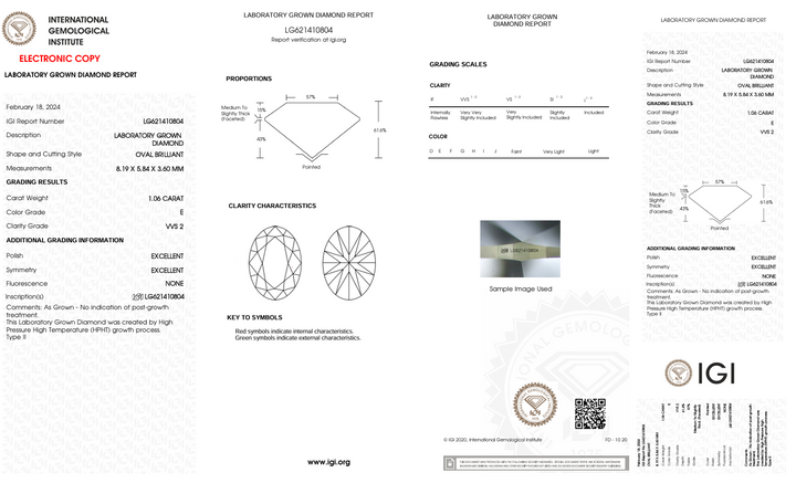 1,06 CT E Колір VVS2 Oval Cut Lab -вирощений алмаз - сертифікований IGI