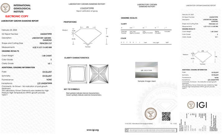 1,48 CT E Color VS1 Princess Cut Cut Lab Diamond - IGI сертифікований