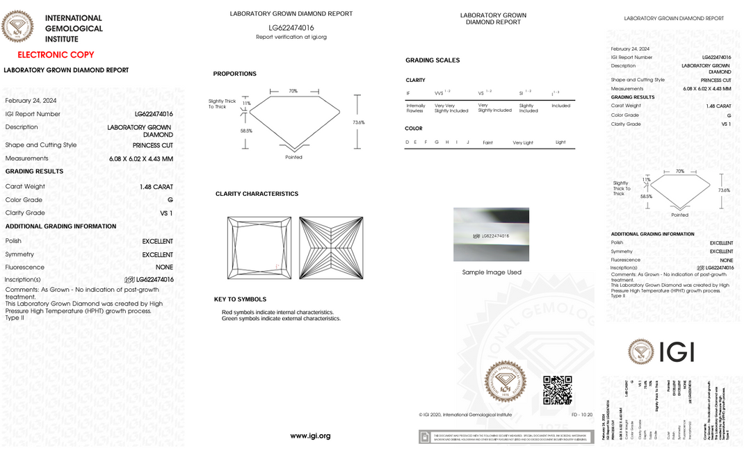 1,48 ct g Color vs1 Princess Cut Cut Lab -Down Diamond - IGI сертифікований