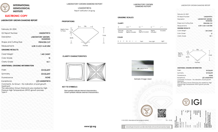 1,48 ct g Color vs1 Princess Cut Cut Lab -Down Diamond - IGI сертифікований