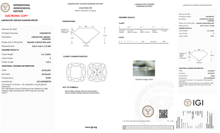 1.01 CT D kleur vvs2 kussen gesneden lab gekweekte diamant - IgI -gecertificeerd