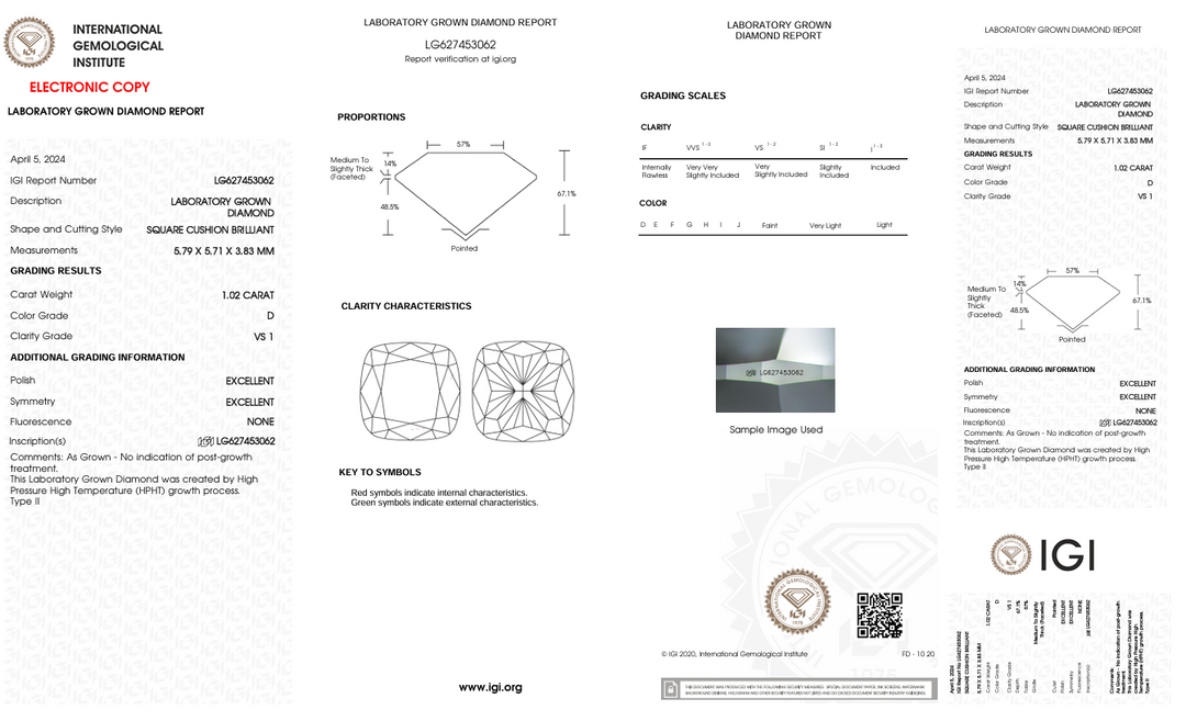 1.02 CT D Warna VS1 Bantal Potong Lab yang Ditumbuhkan Diamond - Bersertifikat IGI