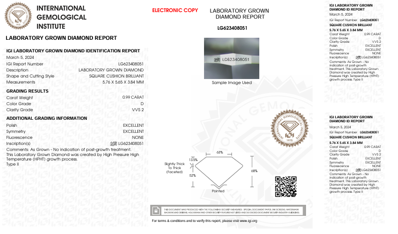 0,99 ct d farge vvs2 pute kuttet lab -dyrket diamant - IGI -sertifisert