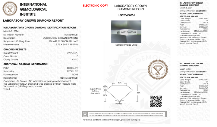 0,99 ct d farge vvs2 pute kuttet lab -dyrket diamant - IGI -sertifisert