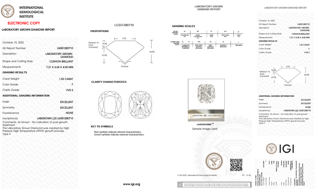 1,53 ct f color vvs2 Long Cushion Cut Lab cultivado em laboratório - Certificado IGI