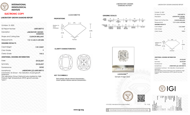 1,53 ct f color vvs2 Long Cushion Cut Lab cultivado em laboratório - Certificado IGI