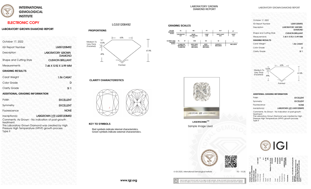 1,56 Ct D Color Si1 Long Cushion Cut Lab, выращенное алмазом - Igi сертифицированным