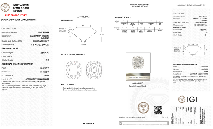 1,56 Ct D Color Si1 Long Cushion Cut Lab, выращенное алмазом - Igi сертифицированным