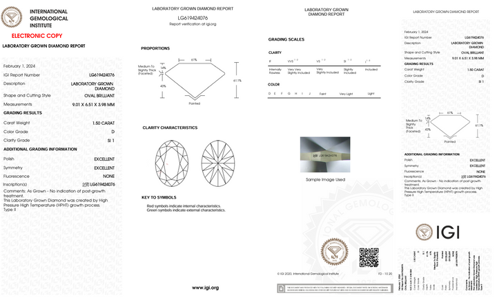 1,5 CT D Колір SI1 Oval Cut Lab -вирощений алмаз - сертифікований IGI