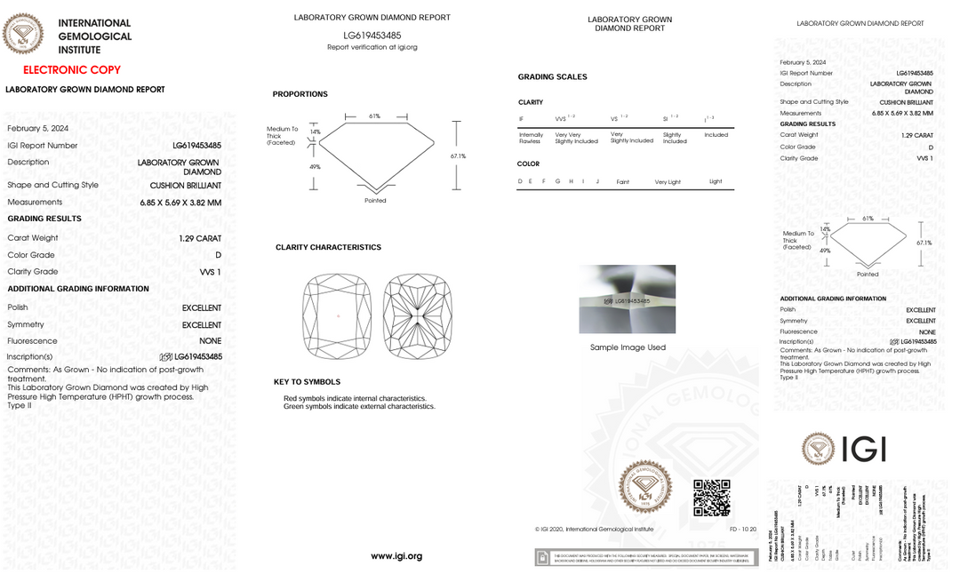 1,29 CT D Color VVS1 Довгорічний діамант, вирощений в лабораторії - сертифікований IGI