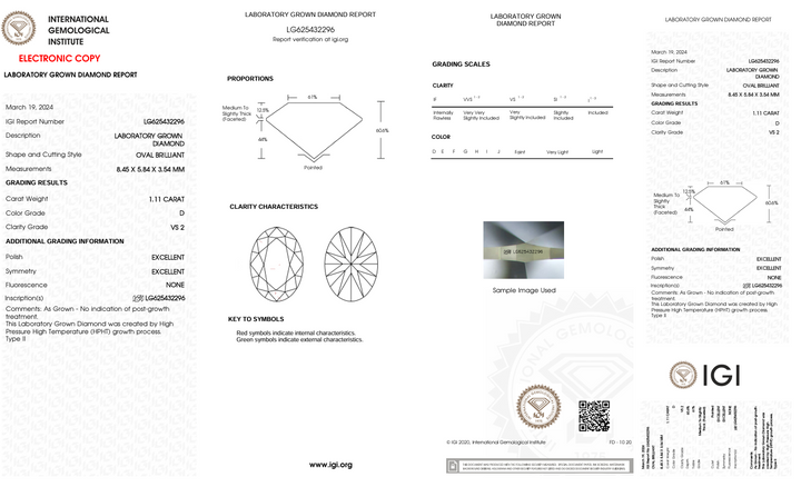 1,11 CT D Колір VS2 Oval Cut Lab -вирощений діамант - сертифікований IGI