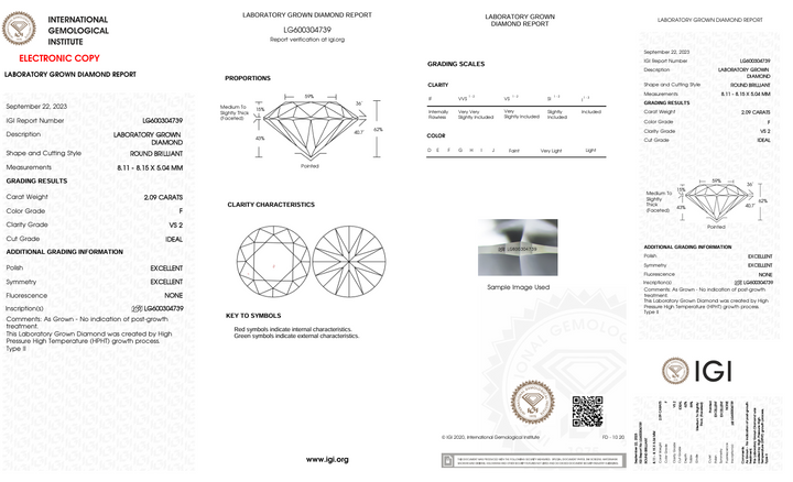 2,09 CT F Color VS2 Круглий вирізаний лабораторний діамант - сертифікований IGI