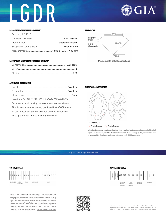 12.01 قيراط E Color VS2 قطع بيضاوية من الماس المزروع في المعمل - معتمد من GIA