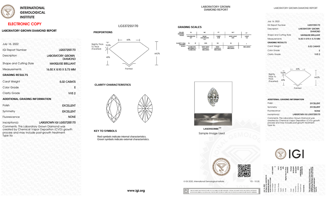 5,02 Ct E Color VVS2 Marquise Cut Lab, выращенное бриллиантом - IGI сертифицирован