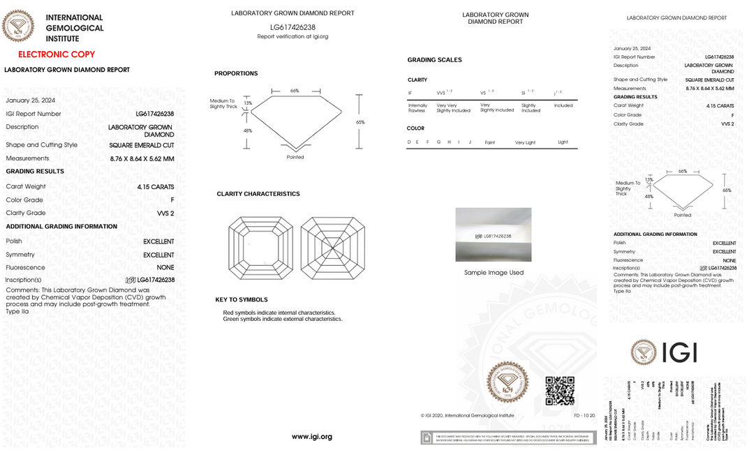 4.15 ct f Renk VVS2 Square Square Cut laboratuvarda büyüyen elmas - IGI Sertifikalı