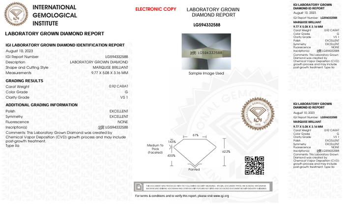 0.92 CT G Color VS1 Marquise Cut Lab-Grown Diamond - IGI Certified