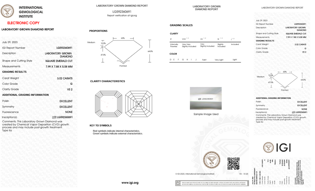 3.02 CT G Renk Vs2 Square Emerald Cut laboratuvarda yetiştirilen elmas - IGI Sertifikalı