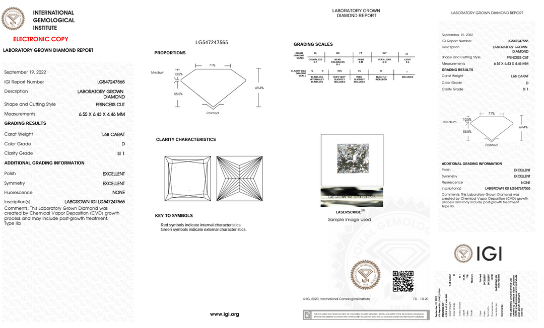 1,68 CT D Color SI1 Princess Cut Cut Lab -Yourment Diamond - IGI сертифікований