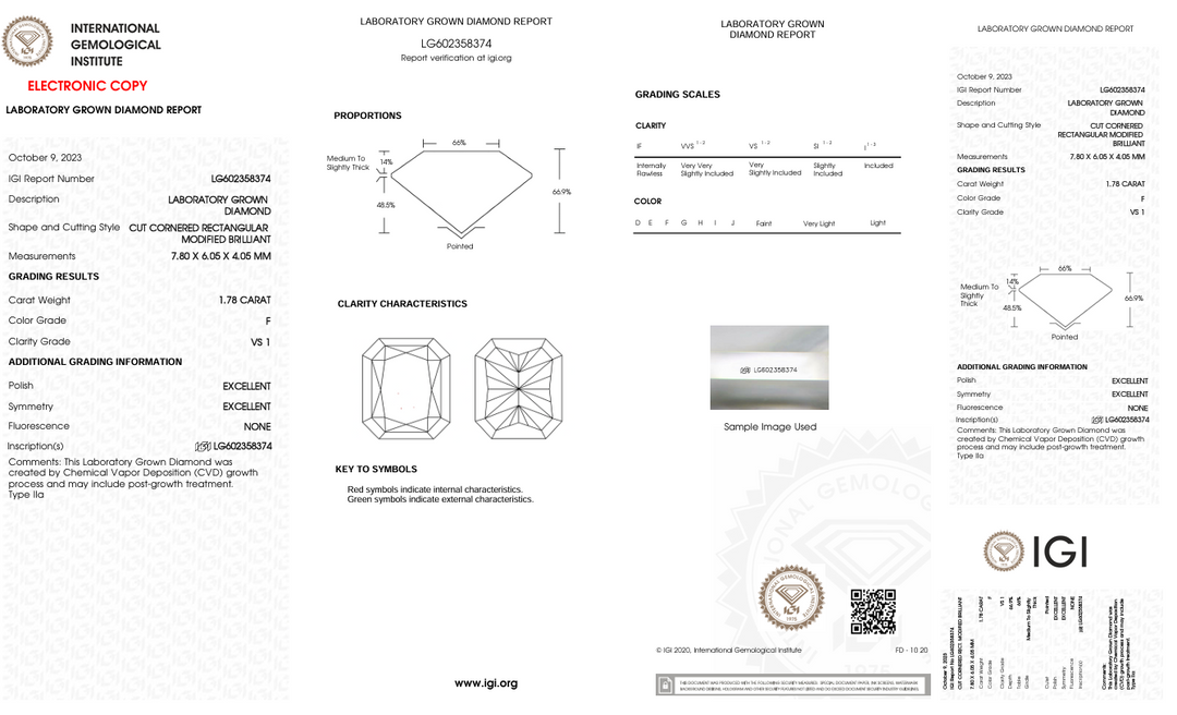 1,78 ct f Color vs1 Radiant Cut Lab -вирощений алмаз - сертифікований IGI