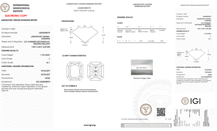 1,78 ct f Color vs1 Radiant Cut Lab -вирощений алмаз - сертифікований IGI