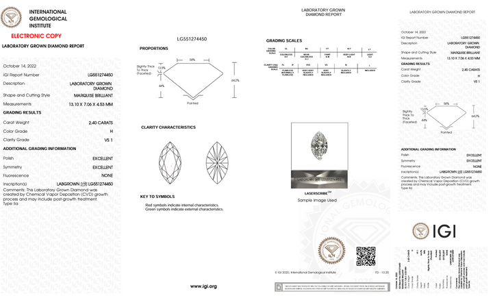 2,4 Ct H Color vs1 Marquise Cut Lab Rouse Diamond - IGI сертифицирован