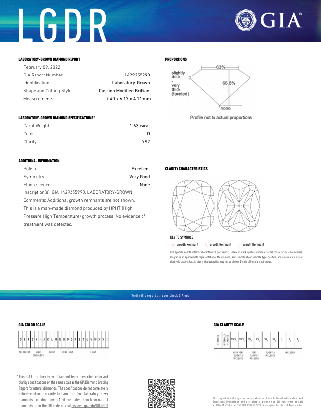 1,63 Ct D Color vs2 Long Cushion Cut Lab, выращенное алмазом - Gia сертифицированным