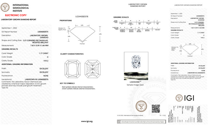 1,17 Karat, H-Farbe, VVS2, Radiant-Schliff, im Labor gezüchteter Diamant – IGI-zertifiziert