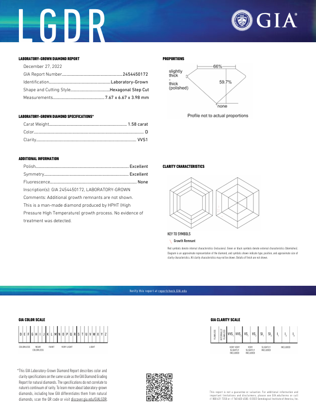 1,58 CT D Color VVS1 шестикутний вирізаний лабораторний діамант - сертифікований GIA