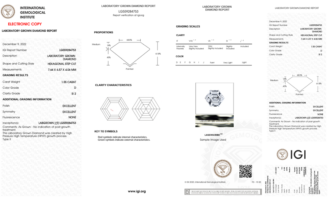 1,55 CT D Color SI2 Hexagonal Cut Lab -вирощений алмаз - сертифікований IGI