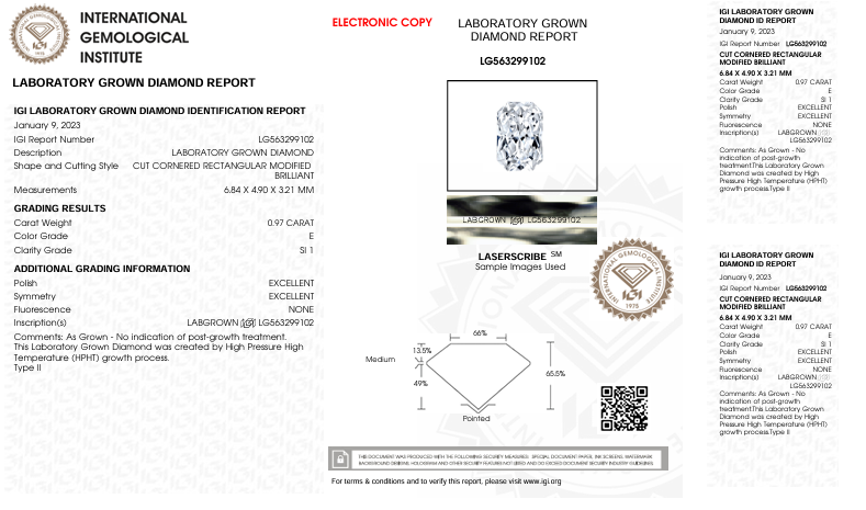 0.97 CT E Color SI1 Radiant Cut Lab-Grown Diamond - IGI Certified