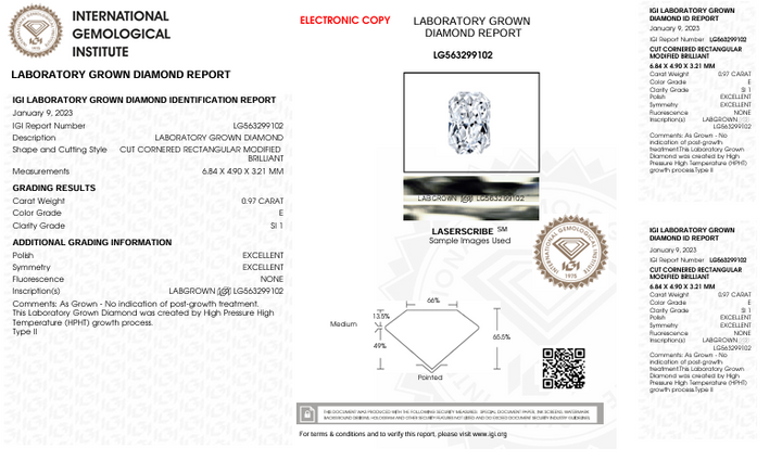 0,97 ct e Farb SI1 Radiant Cut Labor DIAMONT - IGI Zertifiziert