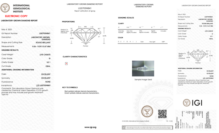 2.9 ct gカラーvs1ラウンドカットラボで栽培されたダイヤモンド-IGI認定