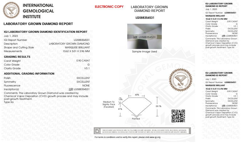 0.9 CT G Renk VS1 Markiz Kesme Laboratuar Growed Diamond - IGI Sertifikalı